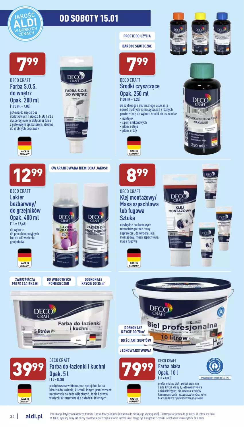 Gazetka promocyjna Aldi - Pełny katalog - ważna 10.01 do 15.01.2022 - strona 34 - produkty: Fa, Grzejnik, Klej, Lakier, LG, Masa szpachlowa, Olej, Piec, Ser