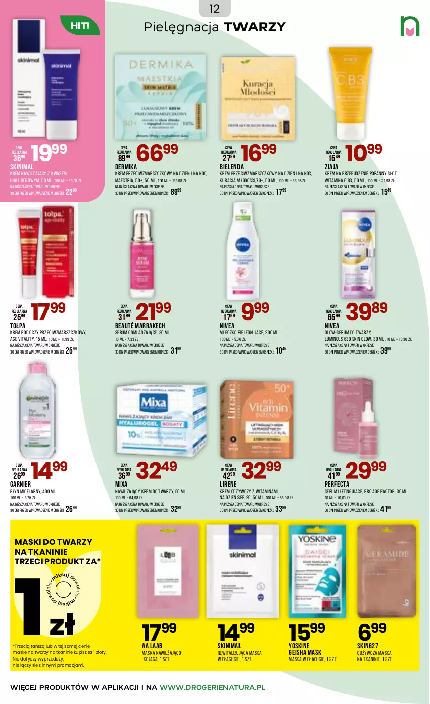 Gazetka promocyjna Drogerie Natura - Gazetka Drogerie Natura - ważna 17.04 do 05.05.2026 - strona 12 - produkty: Bielenda, Dermika, Fa, Garnier, Krem do twarzy, Krem nawilżający, Krem odżywczy, Krem pod oczy, Krem przeciwzmarszczkowy, Lirene, Mars, Maska, Maska w płachcie, Mixa, Mleczko, Nivea, Perfecta, Płyn micelarny, Por, Rum, Ser, Serum, Serum do twarzy, Tołpa, Yoskine, Ziaja