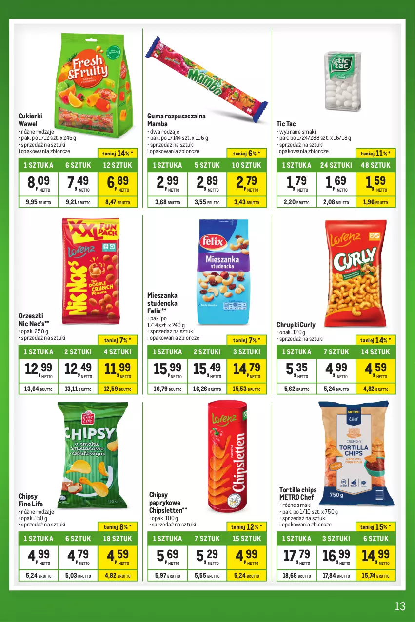 Gazetka promocyjna Makro - Kupujesz więcej płacisz mniej - ważna 16.04 do 13.05.2024 - strona 13 - produkty: Chipsy, Chrupki, Cukier, Cukierki, Felix, Guma rozpuszczalna, Mamba, Metro, Metro Chef, Mieszanka studencka, Orzeszki, Tortilla, Tortilla Chips, Wawel