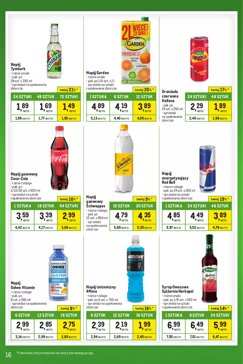 Gazetka promocyjna Makro - Kupujesz więcej płacisz mniej - ważna 16.04 do 13.05.2024 - strona 16 - produkty: Coca-Cola, Hellena, Herbapol, Napój, Napój gazowany, Napój izotoniczny, Oranżada, Oshee, Red Bull, Schweppes, Syrop, Tymbark