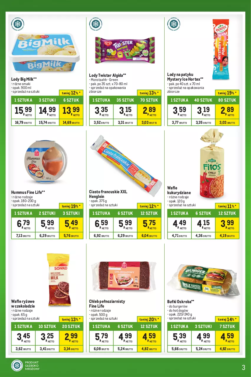 Gazetka promocyjna Makro - Kupujesz więcej płacisz mniej - ważna 16.04 do 13.05.2024 - strona 3 - produkty: Algida, Big Milk, Burger, Chleb, Ciasto francuskie, Hortex, Hot dog, Hummus, LG, Lody, Mus, Ryż, Wafle