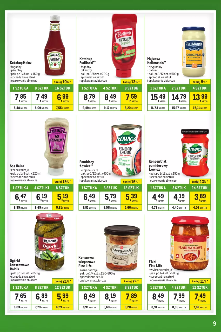 Gazetka promocyjna Makro - Kupujesz więcej płacisz mniej - ważna 16.04 do 13.05.2024 - strona 9 - produkty: Babuni, Flaki, Gin, Heinz, Hellmann’s, Ketchup, Koncentrat pomidorowy, Majonez, Ogórki konserwowe, Pomidory, Pudliszki, Rolnik, Ser, Sos