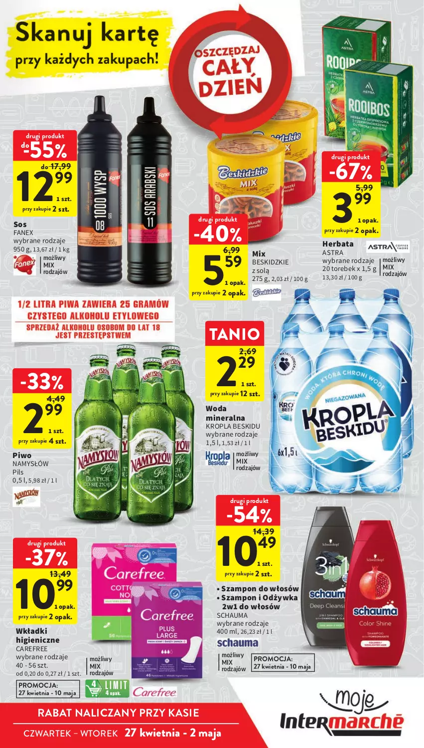 Gazetka promocyjna Intermarche - Gazetka Intermarche - ważna 27.04 do 02.05.2023 - strona 23 - produkty: Beskidzki, Carefree, Fa, Herbata, Namysłów, Odżywka, Piwo, Schauma, Sos, Szampon, Wkładki, Woda, Woda mineralna