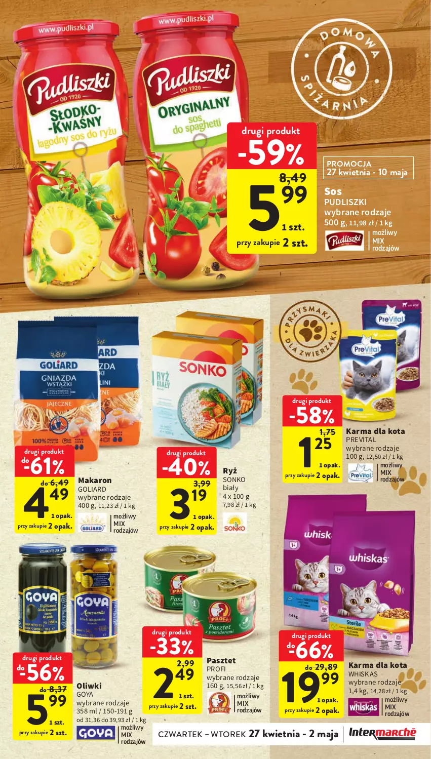 Gazetka promocyjna Intermarche - Gazetka Intermarche - ważna 27.04 do 02.05.2023 - strona 27 - produkty: Goliard, Makaron, Oliwki, Pasztet, Pudliszki, Ryż, Sonko, Sos, Whiskas