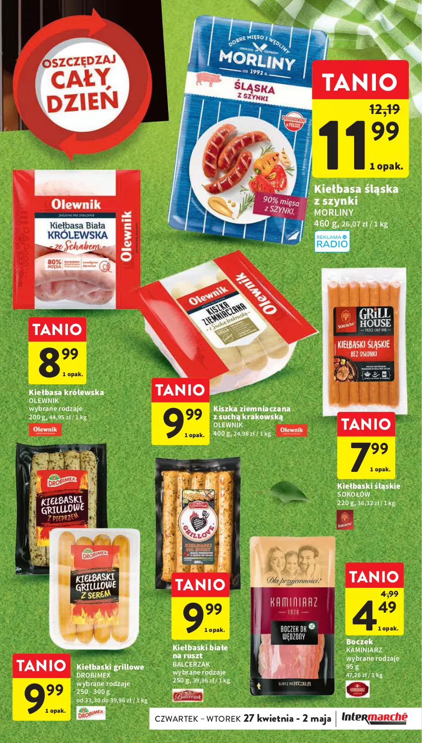 Gazetka promocyjna Intermarche - Gazetka Intermarche - ważna 27.04 do 02.05.2023 - strona 3 - produkty: Boczek, Drobimex, Grill, Kiełbasa, Kiełbasa śląska, Kiełbaski białe, Kiełbaski śląskie, Morliny, Olewnik, Sok, Sokołów