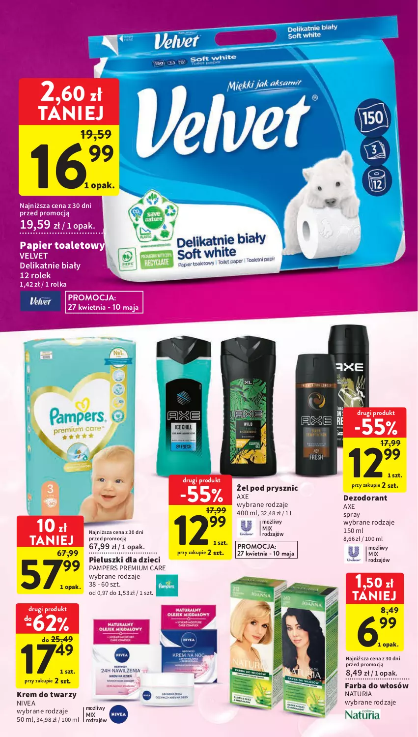 Gazetka promocyjna Intermarche - Gazetka Intermarche - ważna 27.04 do 02.05.2023 - strona 38 - produkty: Dezodorant, Dzieci, Fa, Farba do włosów, Krem do twarzy, Nivea, Pampers, Papier, Papier toaletowy, Velvet