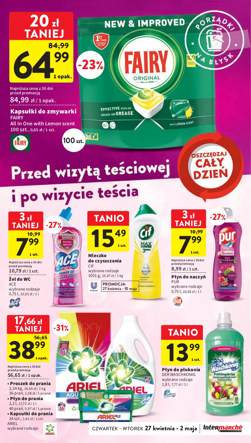 Gazetka promocyjna Intermarche - Gazetka Intermarche - ważna 27.04 do 02.05.2023 - strona 39 - produkty: Ariel, Cif, Fa, Fairy, Kapsułki do prania, Mleczko, Płyn do płukania, Płyn do prania, Proszek do prania, Pur, Zmywarki