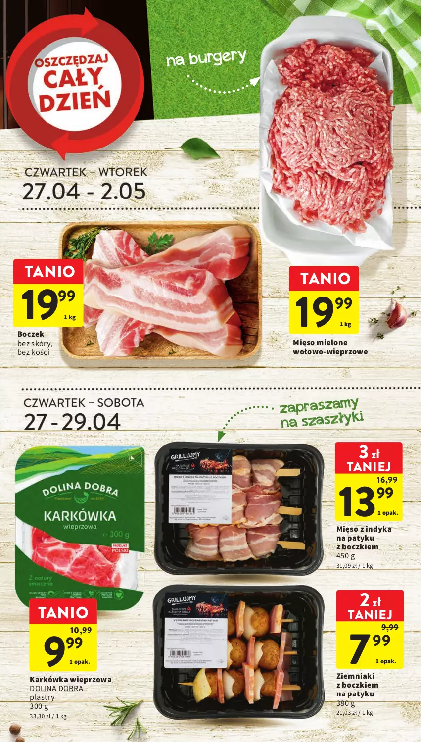 Gazetka promocyjna Intermarche - Gazetka Intermarche - ważna 27.04 do 02.05.2023 - strona 5 - produkty: Boczek, Burger, Karkówka wieprzowa, Mięso, Mięso mielone, Mięso z indyka, Ziemniaki