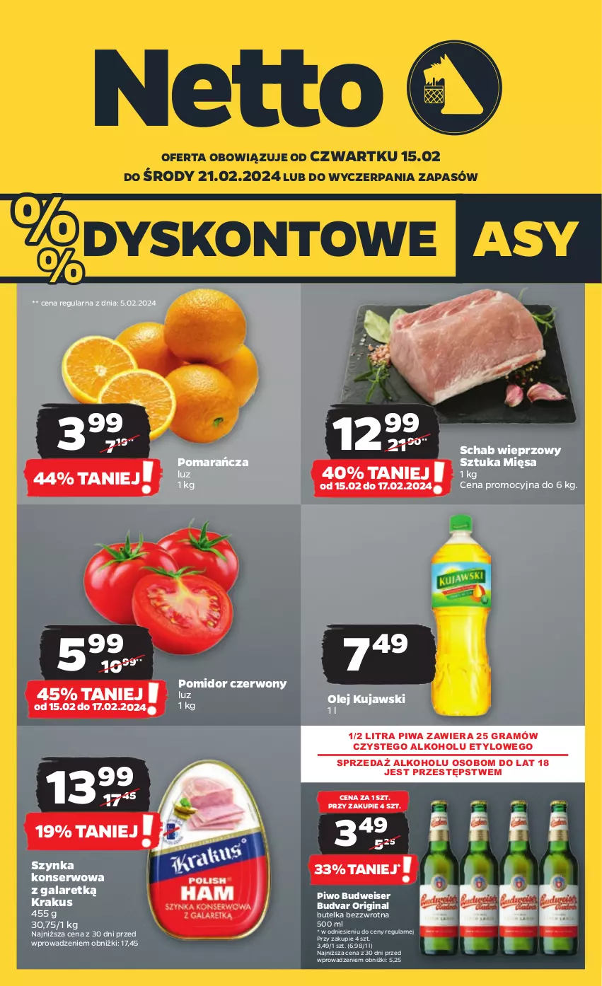 Gazetka promocyjna Netto - Artykuły spożywcze - ważna 15.02 do 21.02.2024 - strona 1 - produkty: Gala, Gin, Gra, Krakus, Kujawski, Olej, Piwa, Piwo, Schab wieprzowy, Ser, Szynka, Szynka konserwowa, Varta