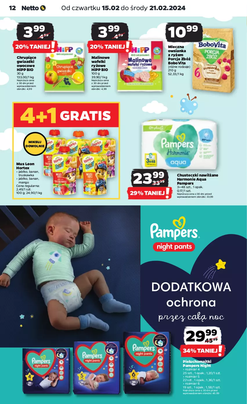 Gazetka promocyjna Netto - Artykuły spożywcze - ważna 15.02 do 21.02.2024 - strona 12 - produkty: BoboVita, Chusteczki, Gra, HiPP, Hipp Bio, Hortex, Leon, Majtki, Mango, Mus, Owsianka, Pampers, Pieluchomajtki, Por, Ryż