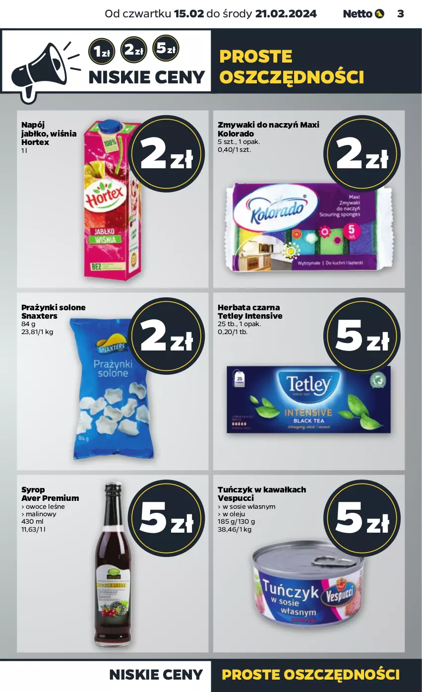 Gazetka promocyjna Netto - Artykuły spożywcze - ważna 15.02 do 21.02.2024 - strona 3 - produkty: Herbata, Herbata czarna, Hortex, Kawa, Kolorado, Napój, Olej, Owoce, Sos, Syrop, Tetley, Tuńczyk