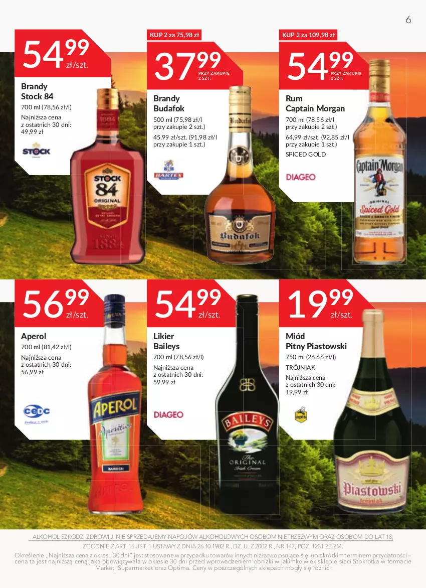 Gazetka promocyjna Stokrotka - Katalog - Urodziny - ważna 14.09 do 27.09.2023 - strona 6 - produkty: Aperol, Brandy, Captain Morgan, Likier, Miód, Miód pitny, Optima, Piast, Rum, Stock