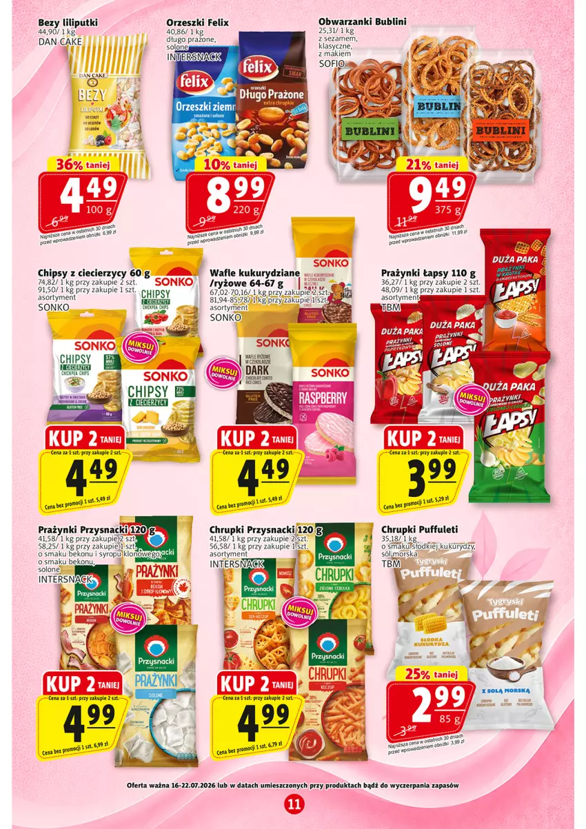 Gazetka promocyjna Prim Market - ważna 16.07 do 22.07.2026 - strona 11 - produkty: Beko, Bezy, Chipsy, Chrupki, Dan Cake, Felix, Orzeszki, Przysnacki, Puf, Ryż, Sezam, Sól, Sonko, Syrop, Wafle