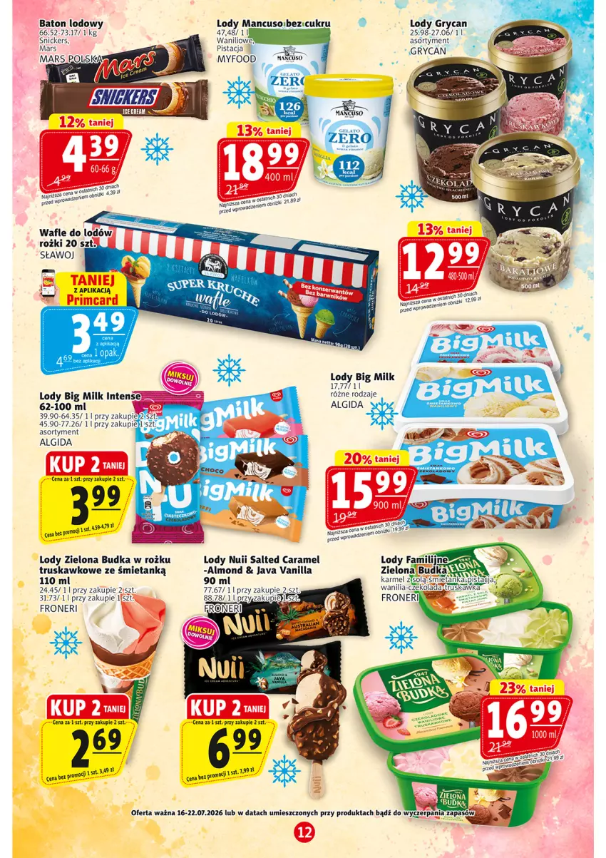 Gazetka promocyjna Prim Market - ważna 16.07 do 22.07.2026 - strona 12 - produkty: Algida, Baton, Big Milk, Gry, LG, Lody, Snickers, Zielona Budka