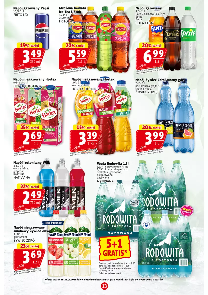 Gazetka promocyjna Prim Market - ważna 16.07 do 22.07.2026 - strona 13 - produkty: Fa, Fanta, Gra, Herbata, Hortex, Ice tea, Lipton, Mięta, Napój, Napój gazowany, Napój izotoniczny, Napój niegazowany, Owoce, Pepsi, Sprite, Woda