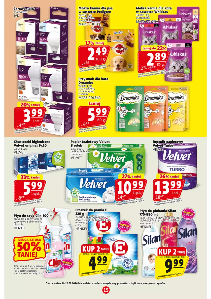 Gazetka promocyjna Prim Market - ważna 16.07 do 22.07.2026 - strona 15 - produkty: Alkohole, Chusteczki, Gin, Koc, Kurczak, Mars, Mokra karma, Papier, Papier toaletowy, Pedigree, Piwo, Płyn do płukania, Por, Przysmak dla kota, Ręcznik, Rum, Ser, Silan, Velvet, Whiskas