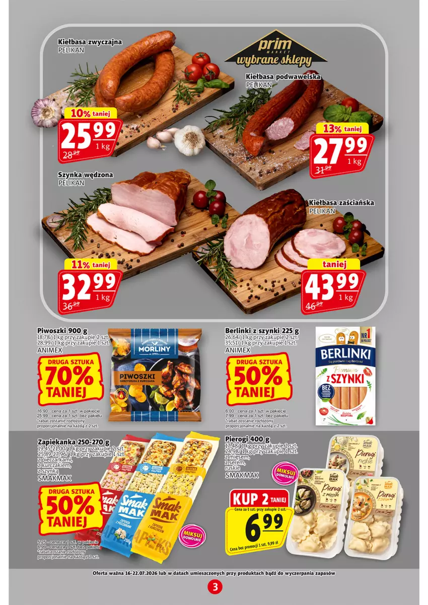 Gazetka promocyjna Prim Market - ważna 16.07 do 22.07.2026 - strona 3 - produkty: Berlinki, Kiełbasa, Parówki, Pierogi, Piwo, Por, Szynka, Zapiekanka