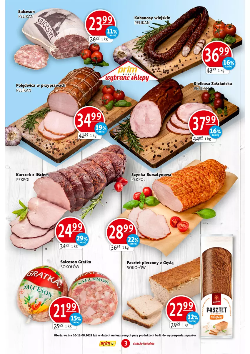 Gazetka promocyjna Prim Market - ważna 10.08 do 16.08.2023 - strona 3 - produkty: Cień, Gra, Kiełbasa, Pekpol, Salceson, Sok, Sokołów, Szynka