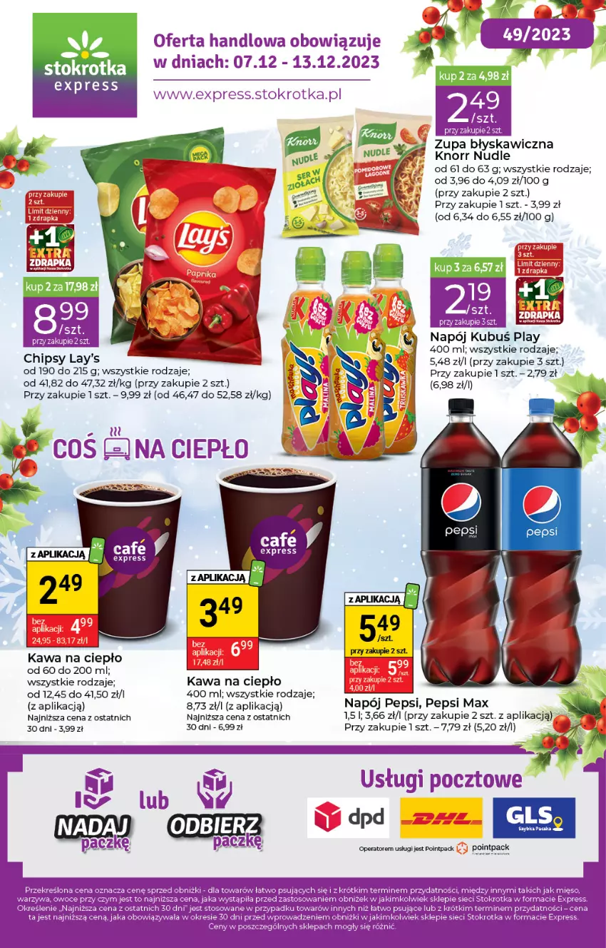 Gazetka promocyjna Stokrotka - Stokrotka Express - ważna 07.12 do 13.12.2023 - strona 1 - produkty: Chipsy, Fa, Kawa, Knorr, Kubuś, Mięso, Napój, Owoce, Pepsi, Pepsi max, Ser, Warzywa, Zupa