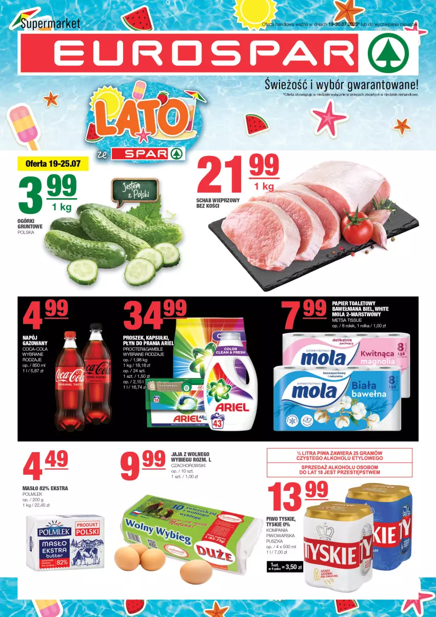 Gazetka promocyjna Spar - EuroSpar - ważna 16.07 do 26.07.2023 - strona 1 - produkty: Goal, Grunt, Jaja, Jaja z wolnego wybiegu, Masło, Mola, Piwo, POLMLEK, Schab wieprzowy, Tyskie