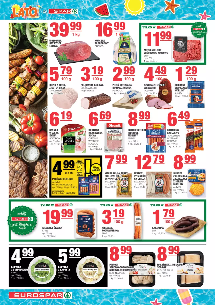 Gazetka promocyjna Spar - EuroSpar - ważna 16.07 do 26.07.2023 - strona 4 - produkty: Berlinki, Bianka, Burger, Frankfurterki, Grill, Jabłka, Kabanos, Kapustą, Kasza, Kaszanka, Kiełbasa, Kopytka, Kuchnia, Kurczak, Mięso, Mięso mielone, Morliny, Naleśniki, Olewnik, Piec, Pierogi, Polędwica, Ser, Sok, Sokołów, Szpinak, Szynka, Tarczyński, Wawel, Wołowina