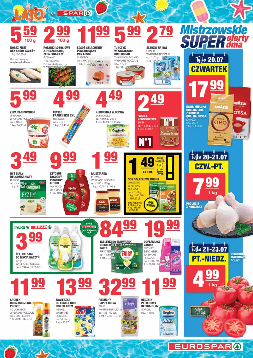 Gazetka promocyjna Spar - EuroSpar - ważna 16.07 do 26.07.2023 - strona 5 - produkty: Bell, Bella, Bonduelle, Bref, Do mycia naczyń, Dorsz, Gin, Kawa, Kawa mielona, Ketchup, Kotlin, Kukurydza, Kupiec, Kurczak, Lavazza, Lisner, Mięta, Mus, Musztarda, Odplamiacz, Papier, Piec, Pieczarka, Pieluchy, Por, Pronto, Prymat, Ręcznik, Ryż, Ryż biały, Ser, Sos, Suempol, Szpinak, Tablet, Tuńczyk, Vanish, Zupa