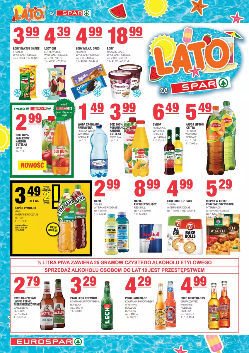 Gazetka promocyjna Spar - EuroSpar - ważna 16.07 do 26.07.2023 - strona 6 - produkty: 7 Days, Bake Rolls, Carlsberg, Chipsy, Desperados, Fortuna, Gra, Herbapol, Ice tea, Kaktus, Kasztelan, Lech Premium, Lipton, Lody, Milka, Oreo, Oshee, Papryka, Papryka czerwona, Pepsi, Piwa, Piwo, Prima, Primavera, Przysnacki, Red Bull, Sok, Woda