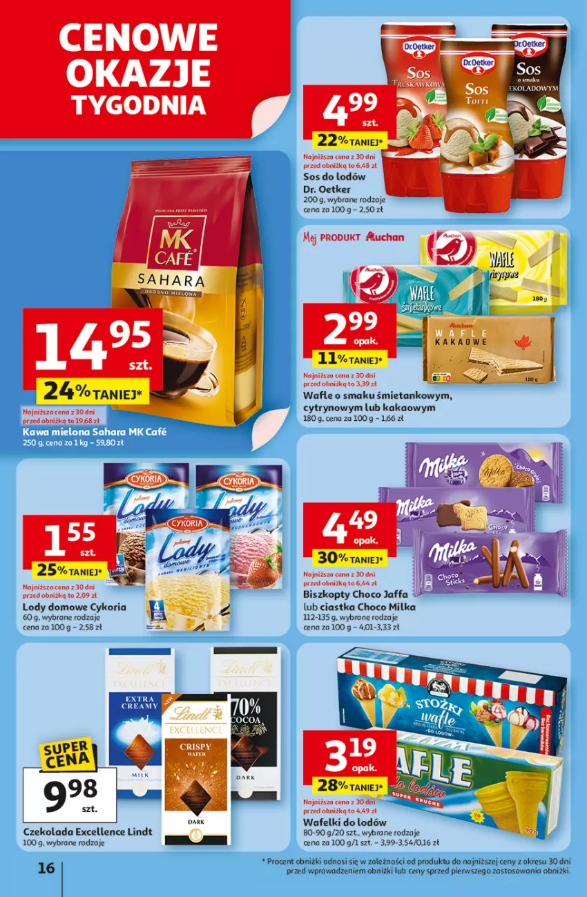 Gazetka promocyjna Auchan - Gazetka LATO PEŁNE PRZYJEMNOŚCI Hipermarket Auchan - ważna 10.07 do 16.07.2025 - strona 16 - produkty: Biszkopty, Ciastka, Czekolada, Dr. Oetker, Fa, Kakao, Lindt, Lody, Milka, Sos, Wafle