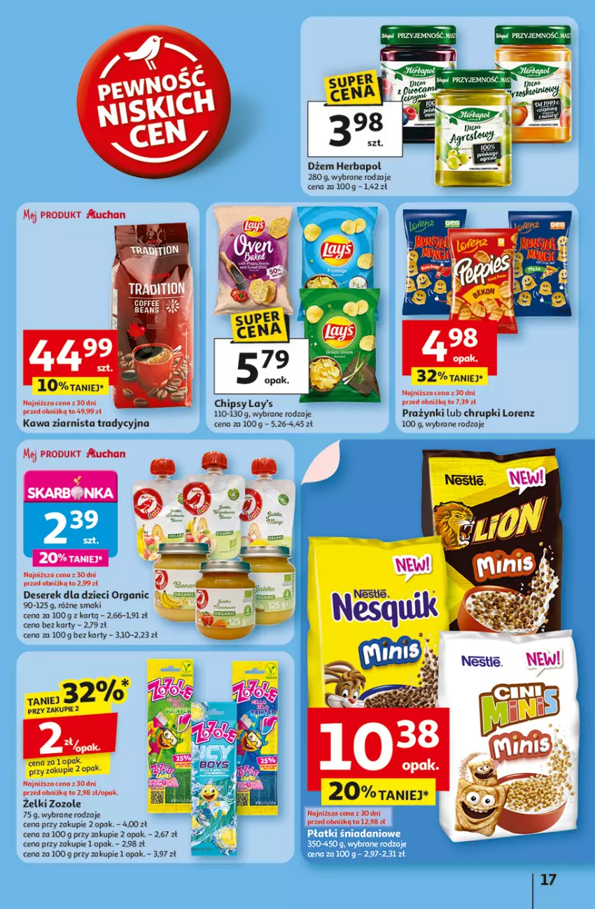 Gazetka promocyjna Auchan - Gazetka LATO PEŁNE PRZYJEMNOŚCI Hipermarket Auchan - ważna 10.07 do 16.07.2025 - strona 17 - produkty: Chipsy, Chrupki, Deser, Dżem, Dzieci, Herbapol, Kawa, Kawa ziarnista, Lorenz, Por, Ser, Serek