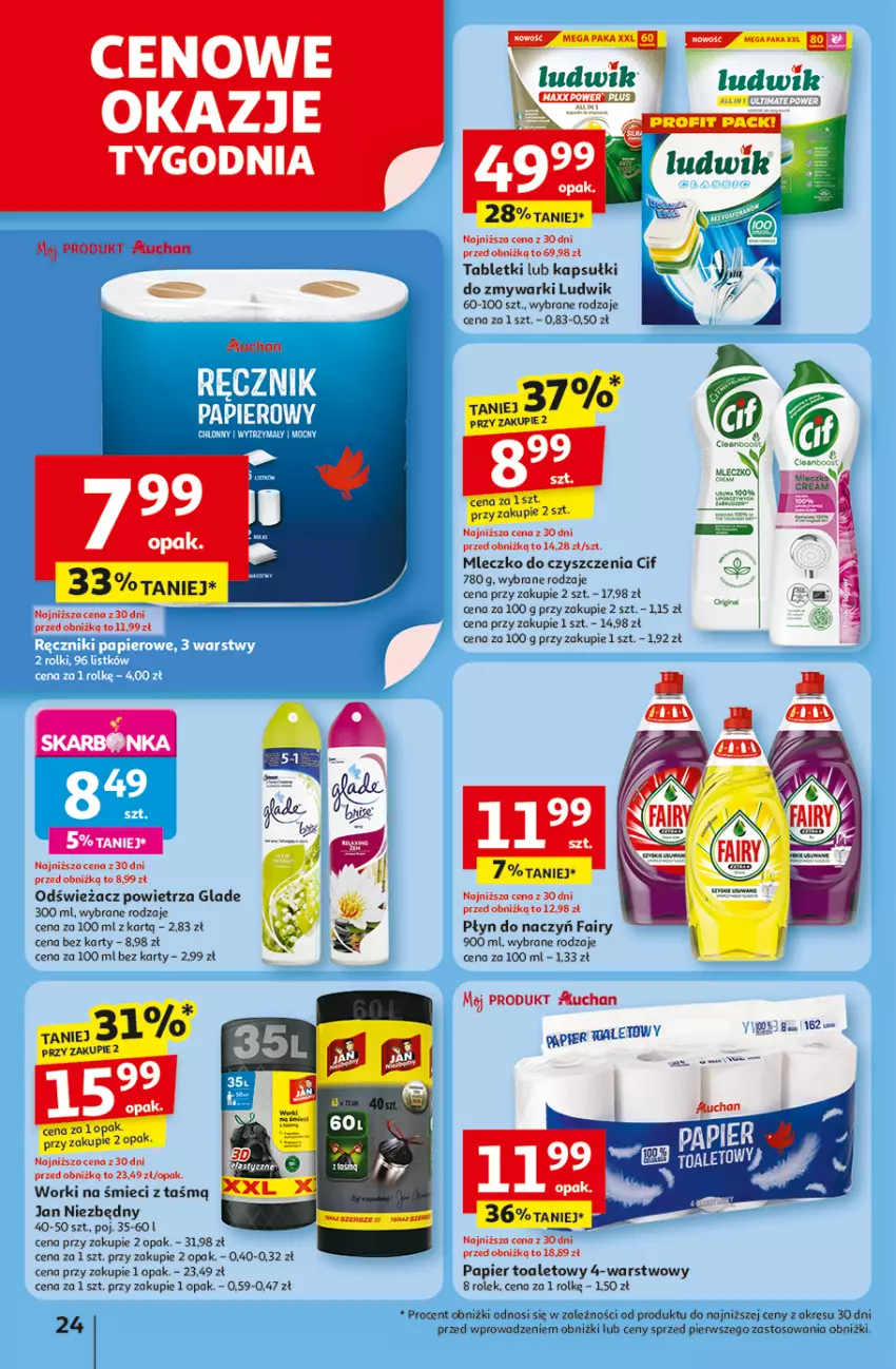 Gazetka promocyjna Auchan - Gazetka LATO PEŁNE PRZYJEMNOŚCI Hipermarket Auchan - ważna 10.07 do 16.07.2025 - strona 24 - produkty: Cif, Fa, Fairy, Ludwik, Mleczko, Mus, Odświeżacz powietrza, Papier, Papier toaletowy, Tablet, Worki na śmiec, Worki na śmieci, Zmywarki