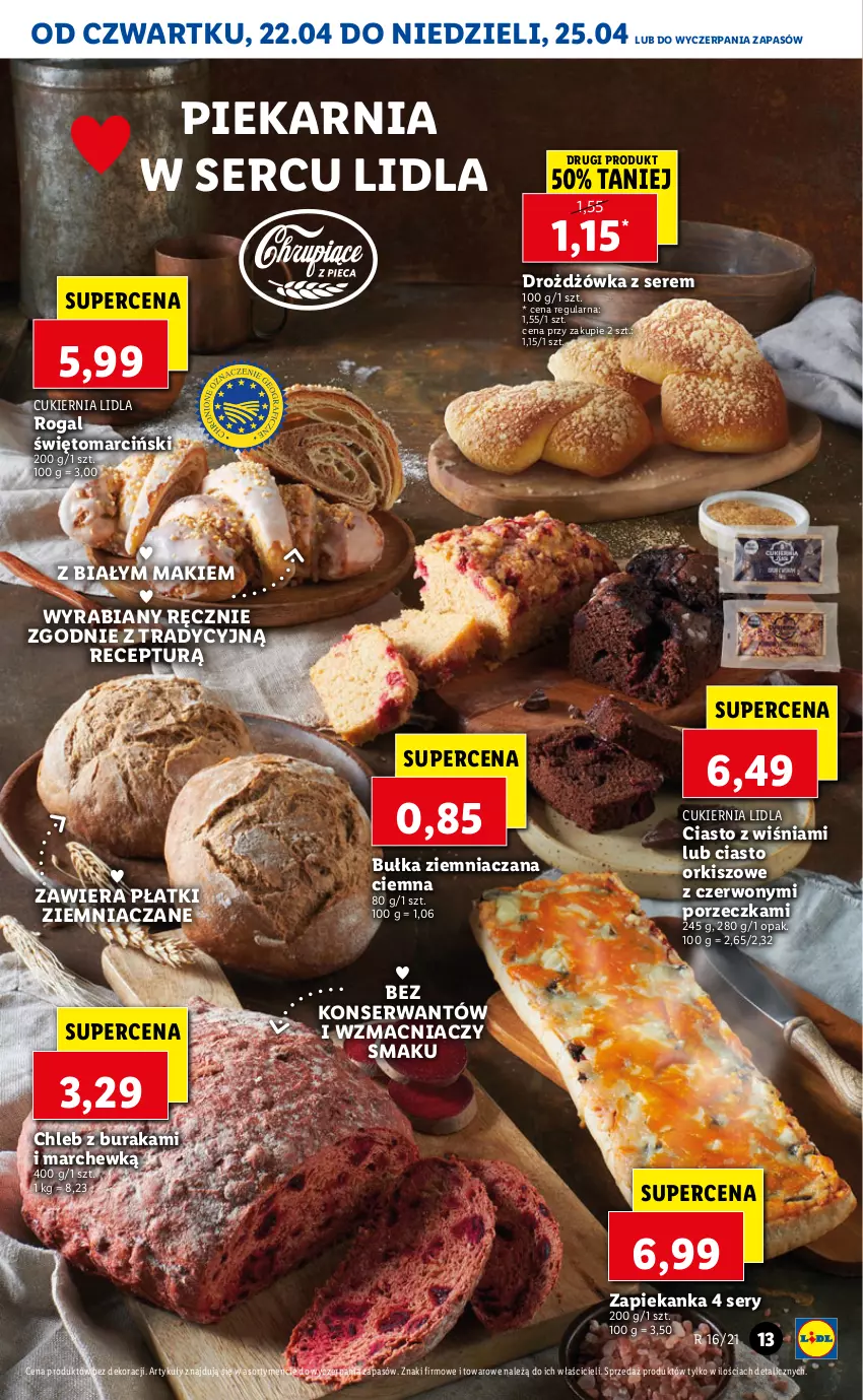 Gazetka promocyjna Lidl - GAZETKA - ważna 22.04 do 25.04.2021 - strona 13 - produkty: Bułka, Chleb, Ciasto orkiszowe, Cukier, Por, Rogal, Ser, Zapiekanka