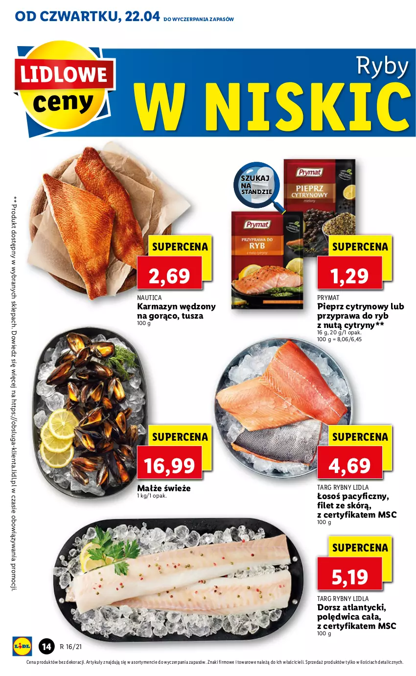 Gazetka promocyjna Lidl - GAZETKA - ważna 22.04 do 25.04.2021 - strona 14 - produkty: Cytryny, Dorsz, Karmazyn wędzony, Małże, Pieprz, Polędwica, Prymat, Tusz