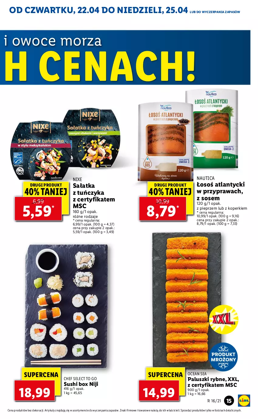 Gazetka promocyjna Lidl - GAZETKA - ważna 22.04 do 25.04.2021 - strona 15 - produkty: Owoce, Owoce morza, Paluszki rybne, Pieprz, Sałat, Sałatka, Sos, Sushi, Tuńczyk