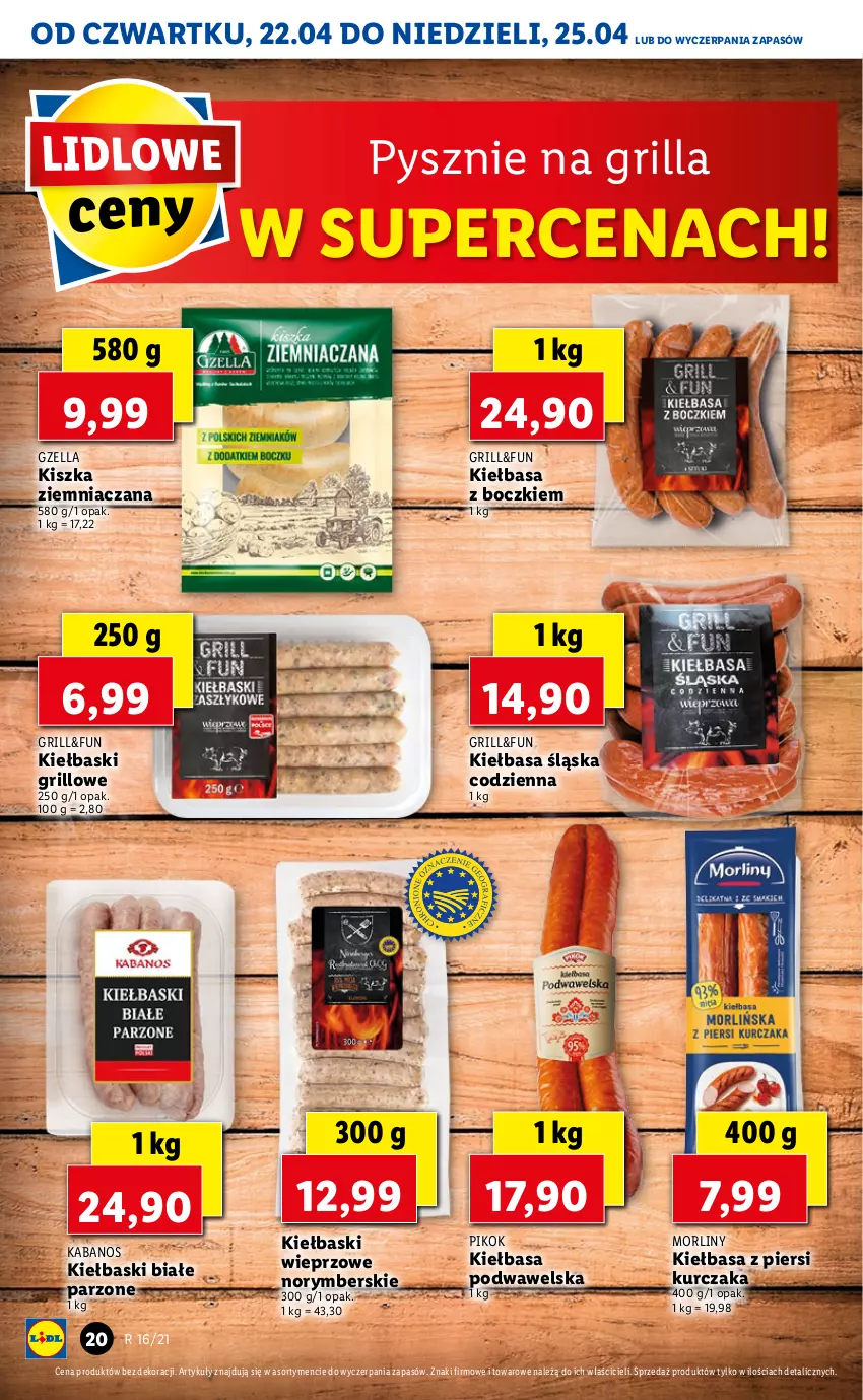 Gazetka promocyjna Lidl - GAZETKA - ważna 22.04 do 25.04.2021 - strona 20 - produkty: Grill, Kabanos, Kiełbasa, Kiełbasa podwawelska, Kiełbasa śląska, Kiełbasa z piersi kurczaka, Kiełbaski białe, Kurczak, Morliny, PIKOK, Wawel