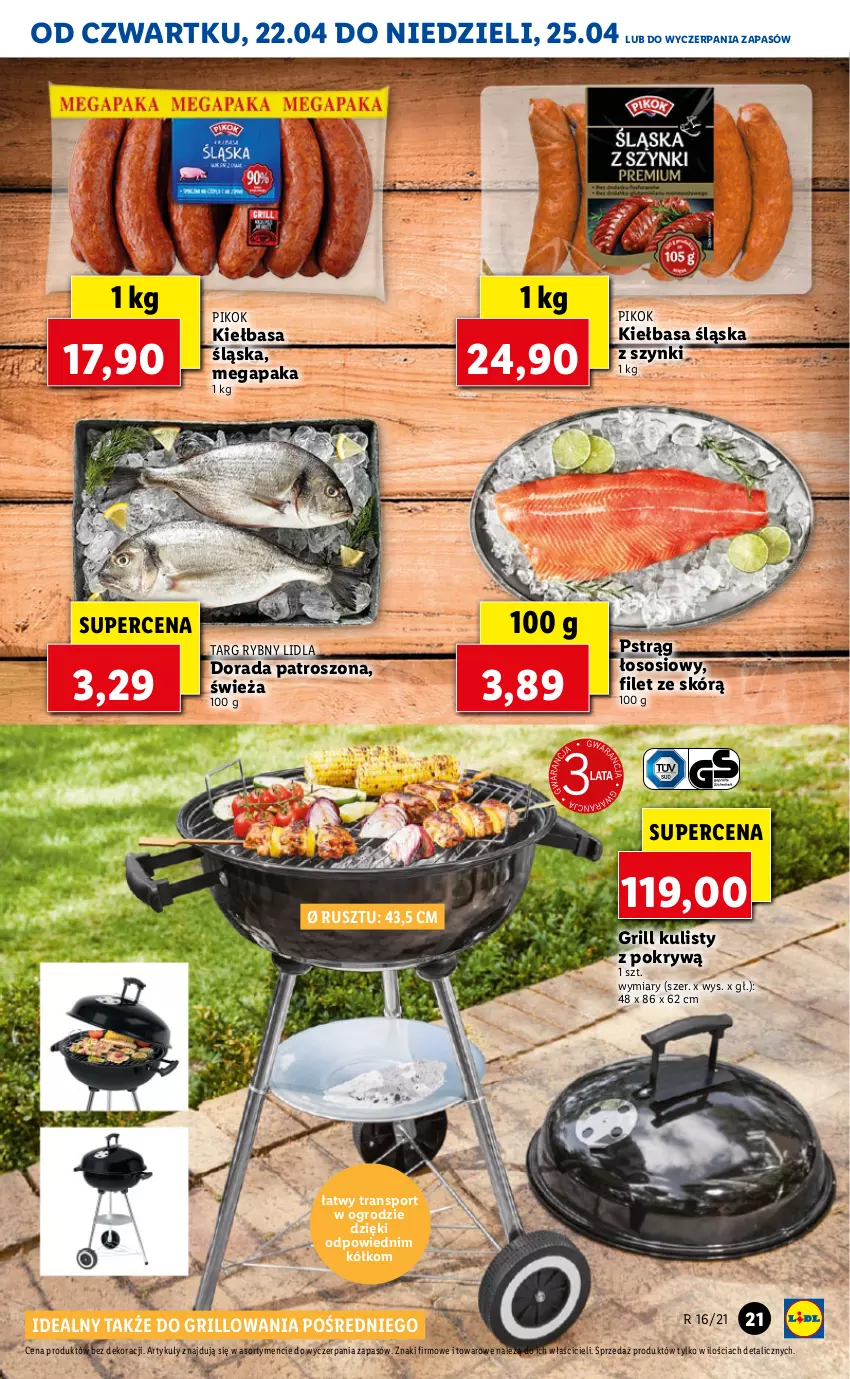 Gazetka promocyjna Lidl - GAZETKA - ważna 22.04 do 25.04.2021 - strona 21 - produkty: Grill, Kiełbasa, Kiełbasa śląska, PIKOK, Por, Pstrąg, Pstrąg łososiowy, Sos, Sport, Tran