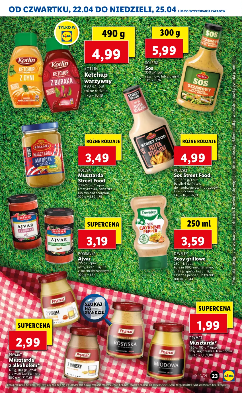 Gazetka promocyjna Lidl - GAZETKA - ważna 22.04 do 25.04.2021 - strona 23 - produkty: Alkohole, Burger, Chrzan, Grill, Hamburger, Hot dog, Ketchup, Kotlin, LG, Mus, Musztarda, Podravka, Prymat, Sezam, Sos, Whisky