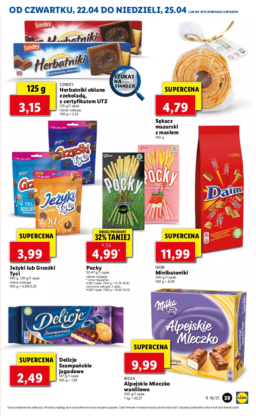 Gazetka promocyjna Lidl - GAZETKA - ważna 22.04 do 25.04.2021 - strona 39 - produkty: Baton, Delicje, Grześki, Herbatniki, Jeżyki, Milka, Mleczko, Sękacz, Tonik