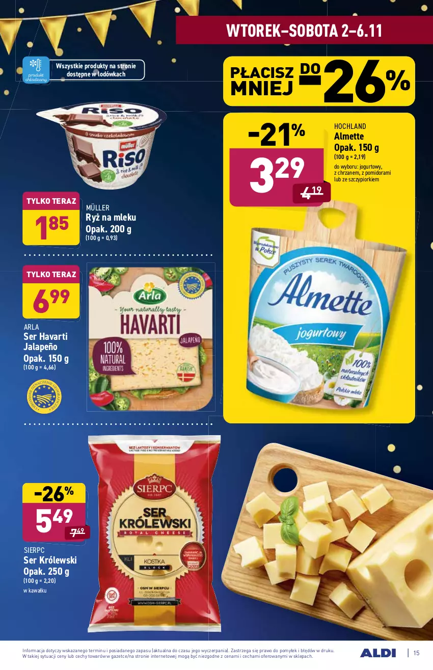 Gazetka promocyjna Aldi - ważna 02.11 do 06.11.2021 - strona 15 - produkty: Almette, Chrzan, Havarti, Hochland, Jogurt, Kawa, Królewski, Lodówka, Müller, Ryż, Ryż na mleku, Ser, Tera