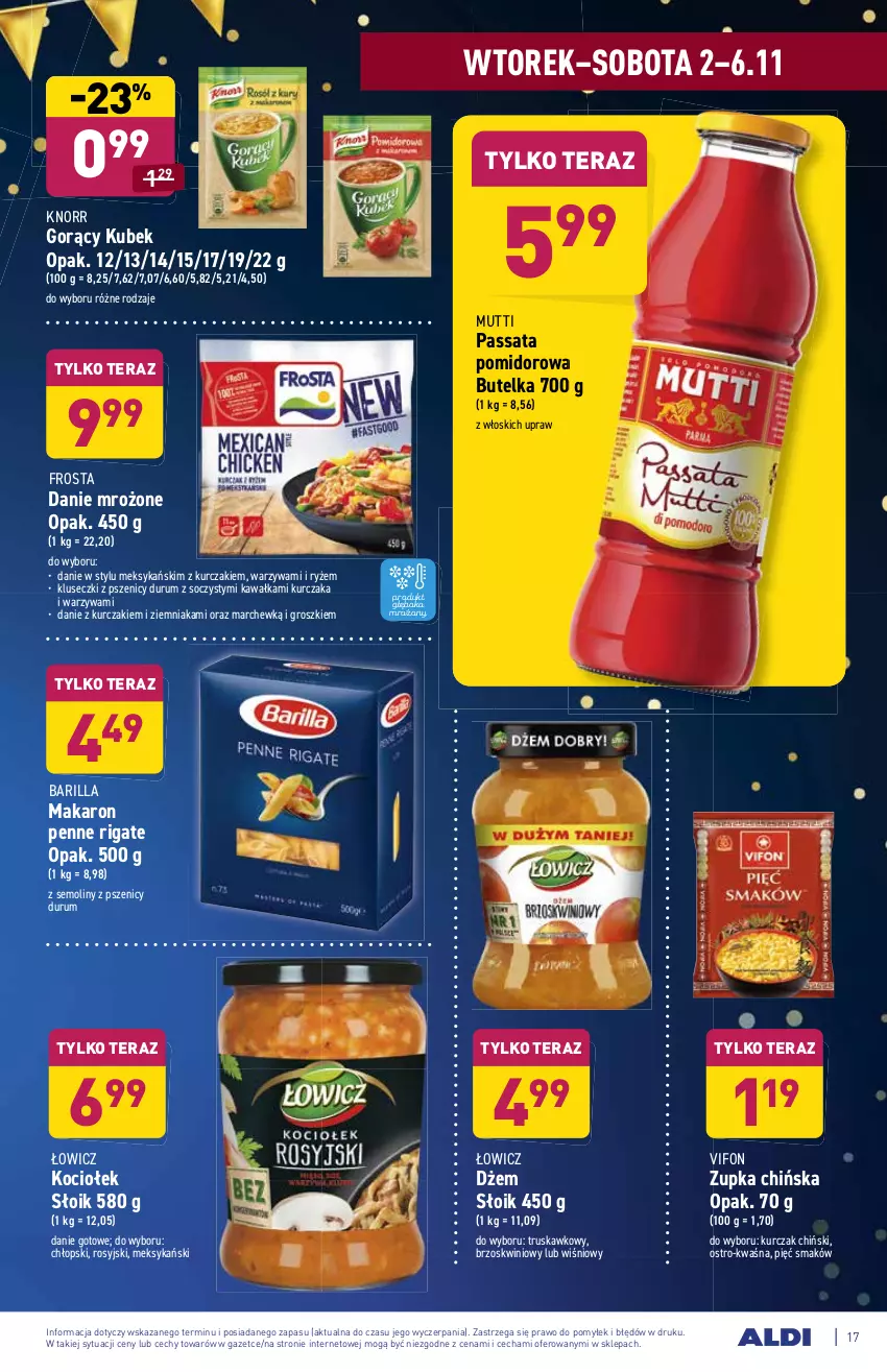 Gazetka promocyjna Aldi - ważna 02.11 do 06.11.2021 - strona 17 - produkty: Barilla, Danie gotowe, Dżem, Frosta, Kawa, Knorr, Koc, Kubek, Kurczak, Makaron, Penne, Rum, Ryż, Tera, Warzywa