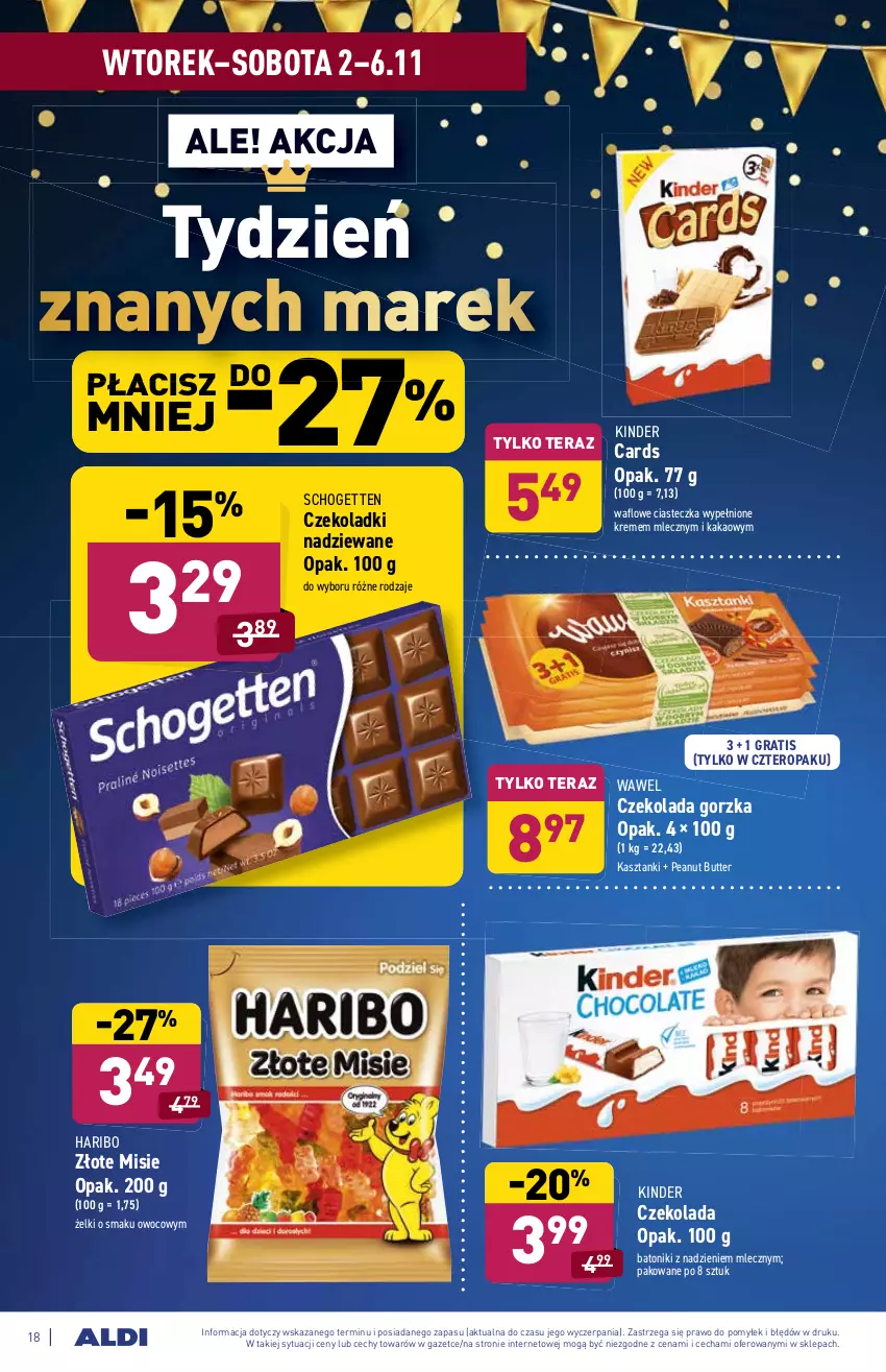 Gazetka promocyjna Aldi - ważna 02.11 do 06.11.2021 - strona 18 - produkty: Baton, Czekolada, Czekolada gorzka, Gra, Haribo, Kakao, Kinder, Schogetten, Tera, Tonik, Wawel