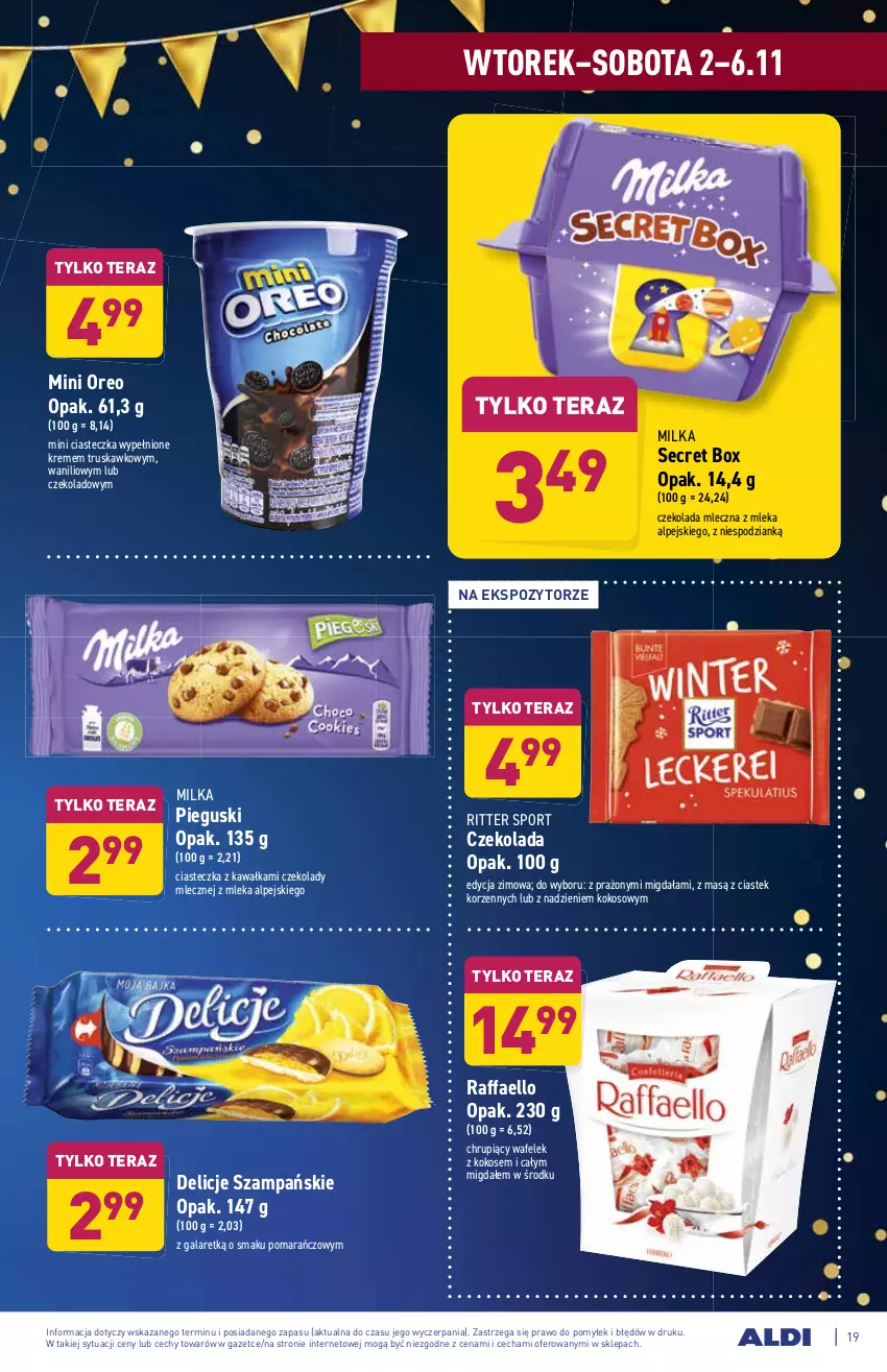 Gazetka promocyjna Aldi - ważna 02.11 do 06.11.2021 - strona 19 - produkty: Czekolada, Czekolada mleczna, Delicje, Fa, Gala, Kawa, Kokos, Milka, Oreo, Por, Raffaello, Ritter Sport, Sport, Stek, Tera, Wafelek