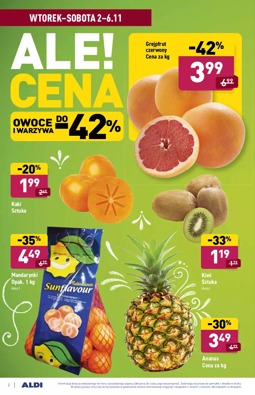 Gazetka promocyjna Aldi - ważna 02.11 do 06.11.2021 - strona 2 - produkty: Ananas, Grejpfrut, Kaki, Kiwi, Mandarynki, Owoce, Warzywa