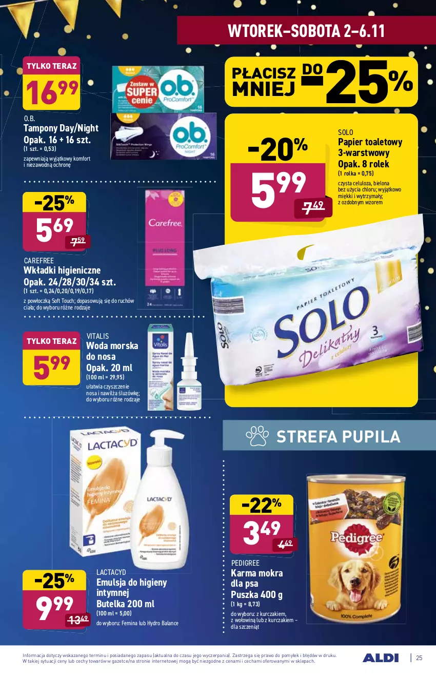 Gazetka promocyjna Aldi - ważna 02.11 do 06.11.2021 - strona 25 - produkty: Carefree, Emulsja, Fa, Kurczak, Lactacyd, O.B., Papier, Papier toaletowy, Pedigree, Tampony, Tera, Wkładki, Woda