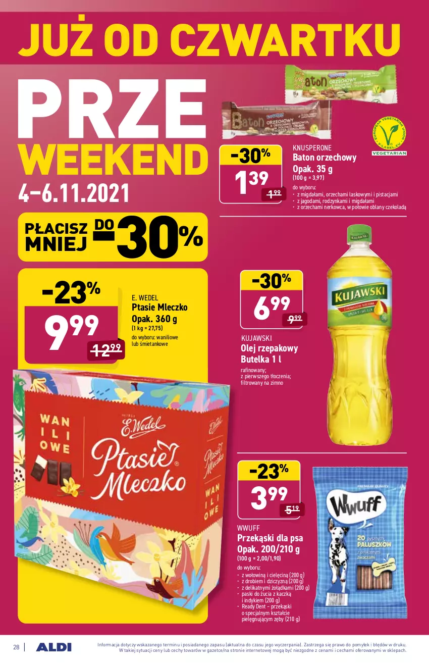 Gazetka promocyjna Aldi - ważna 02.11 do 06.11.2021 - strona 28 - produkty: Baton, E. Wedel, Kujawski, Mleczko, Olej, Olej rzepakowy, Przekąski dla psa, Ptasie mleczko