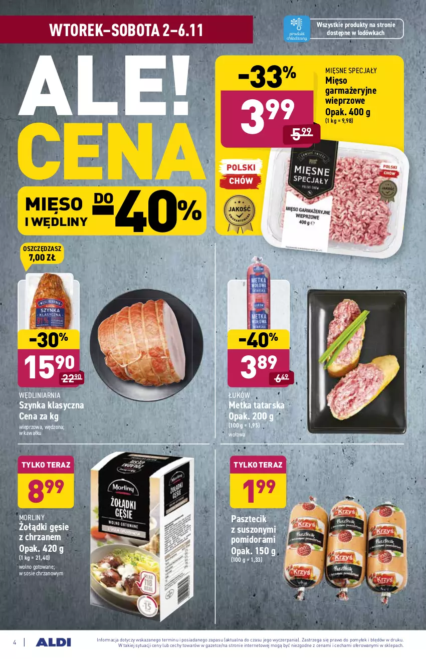 Gazetka promocyjna Aldi - ważna 02.11 do 06.11.2021 - strona 4 - produkty: Chrzan, Kawa, Lodówka, Metka tatarska, Mięsne specjały, Mięso, Mięso garmażeryjne, Morliny, Sos, Szynka, Tera