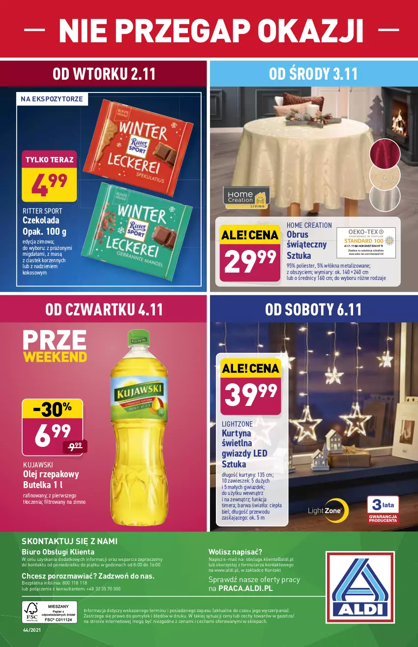 Gazetka promocyjna Aldi - ważna 02.11 do 06.11.2021 - strona 44 - produkty: Biuro, Czekolada, Kokos, Kujawski, O nas, Obrus, Olej, Olej rzepakowy, Por, Ritter Sport, Sport, Stek, Tera