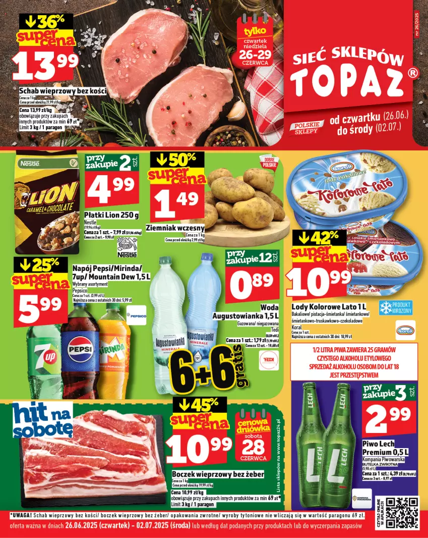 Gazetka promocyjna Topaz - Gazetka - ważna 26.06 do 02.07.2025 - strona 1 - produkty: Boczek, Boczek wieprzowy, Gra, Lody, Piwa