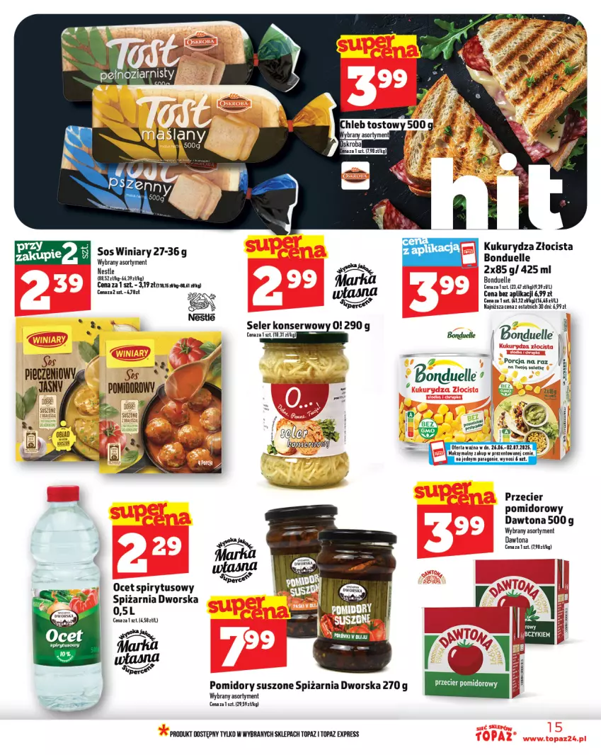 Gazetka promocyjna Topaz - Gazetka - ważna 26.06 do 02.07.2025 - strona 15 - produkty: Bonduelle, Dawtona, Ocet, Pomidory, Por, Ser, Sos, Top, Winiary
