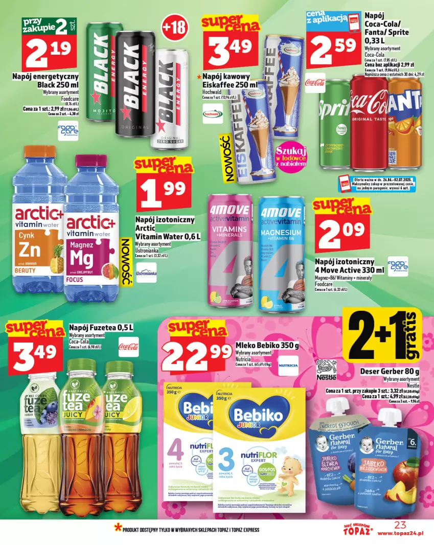 Gazetka promocyjna Topaz - Gazetka - ważna 26.06 do 02.07.2025 - strona 23 - produkty: Bebiko, Coca-Cola, Deser, Fa, Fanta, Gerber, Lack, Magnez, Mleko, Napój, Napój energetyczny, Ser, Sprite, Top