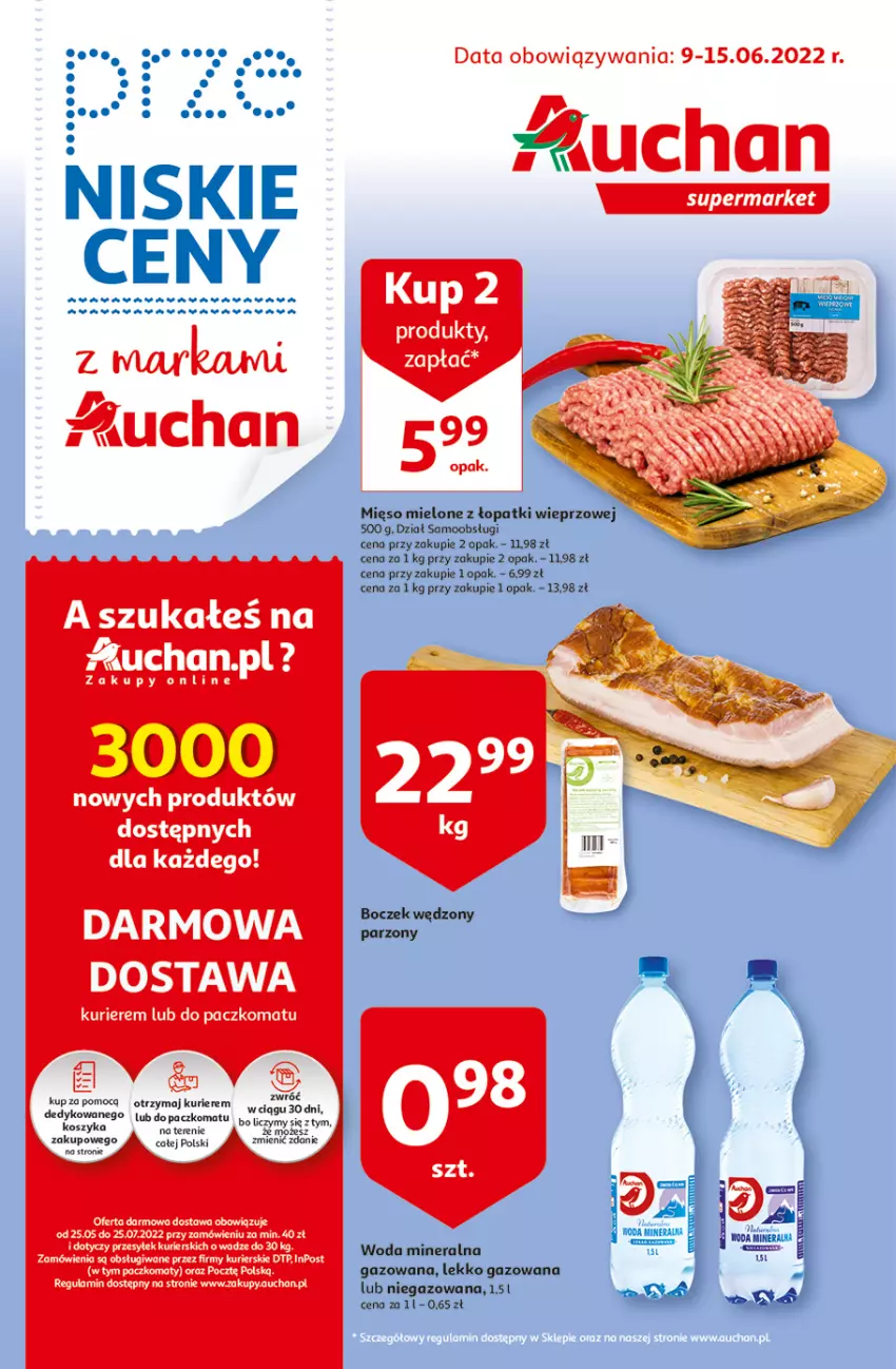 Gazetka promocyjna Auchan - przeNISKIE CENY z Markami Auchan Supermarkety - ważna 09.06 do 15.06.2022 - strona 1 - produkty: Boczek, Kosz, Mięso, Mięso mielone, Mięso mielone z łopatki wieprzowej, Woda, Woda mineralna